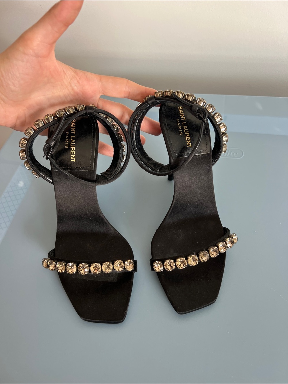 Saint Laurent Paris black and crystal embellished open toe sandals strappy heels - Picture 4 of 12